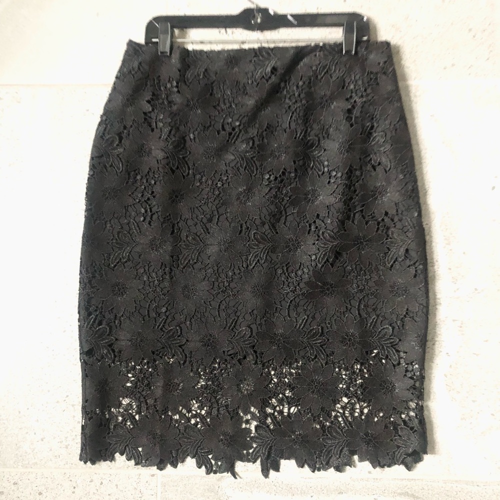 WHBM White House Black Market black lace overlay pencil skirt.